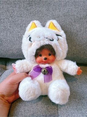 Monchhichi white lucky cat plushies